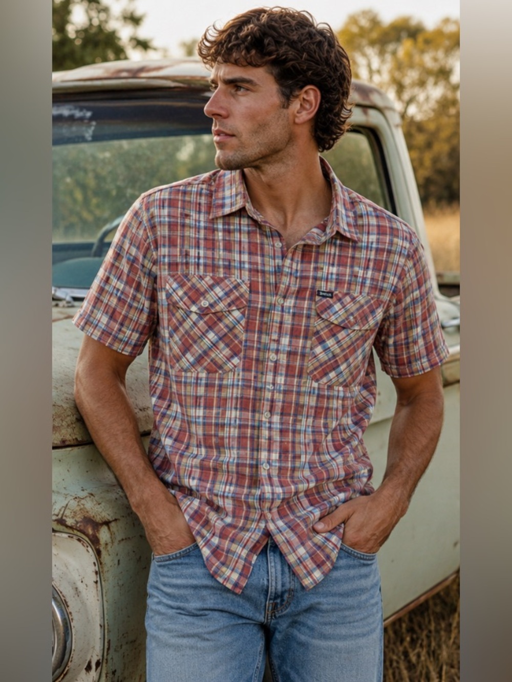 Country core outdoorsy short sleeve plaid button-down shirt